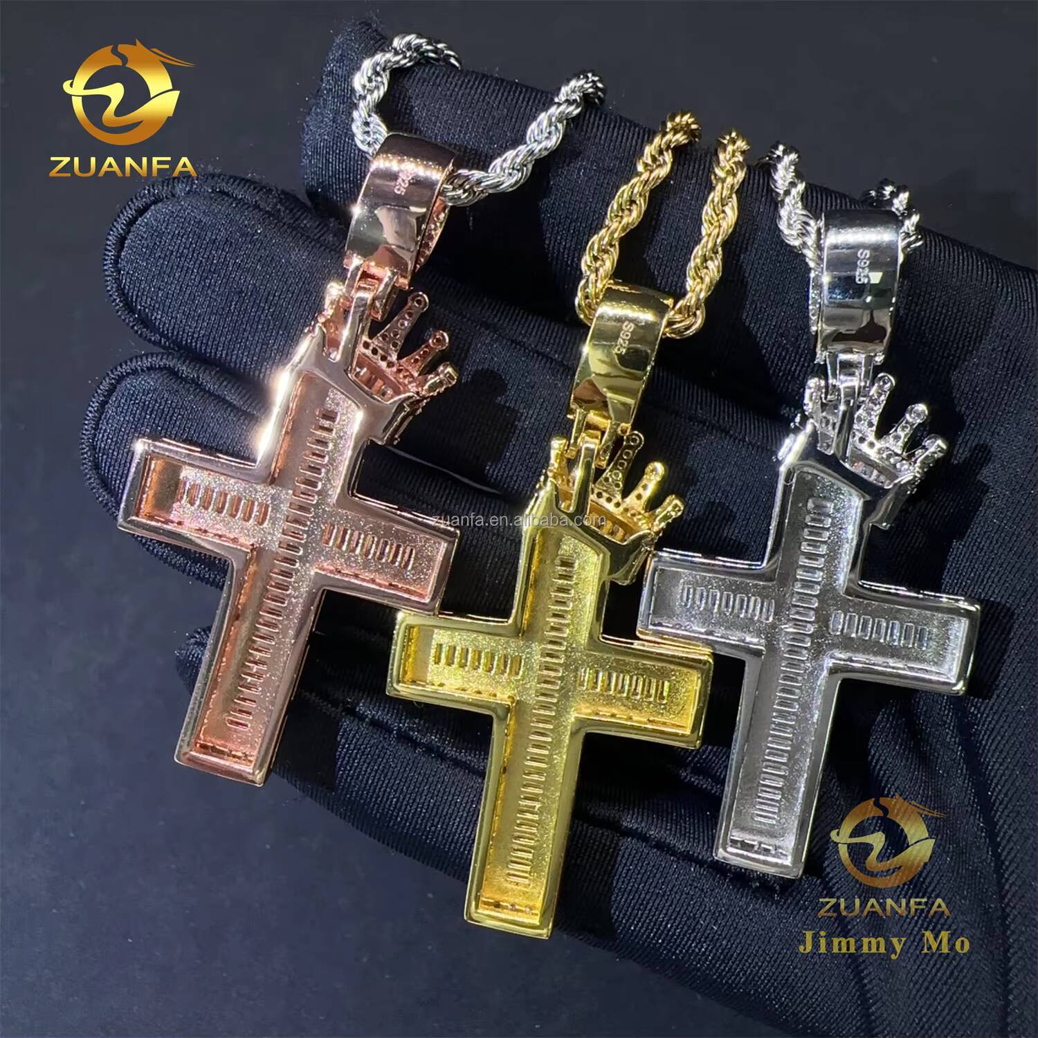 Bulk Stock Hot Selling Popular Trendy Fashion Jewelry Hip Hop S925 VVS1 Baguette Moissanite Diamond Cross Crown Bail Pendant