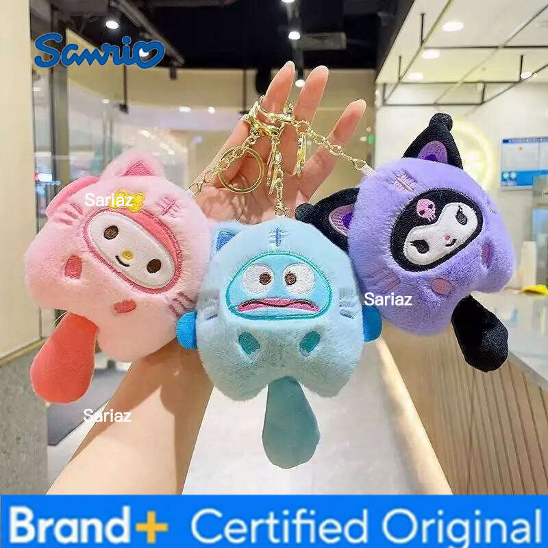 Sanrio Kawaii Cat Fish Keychain Round And Rolling Diagonal Bag Keychan Ornaments Pendant Decortoy Christmas Gift Anime Plush Toy H260121