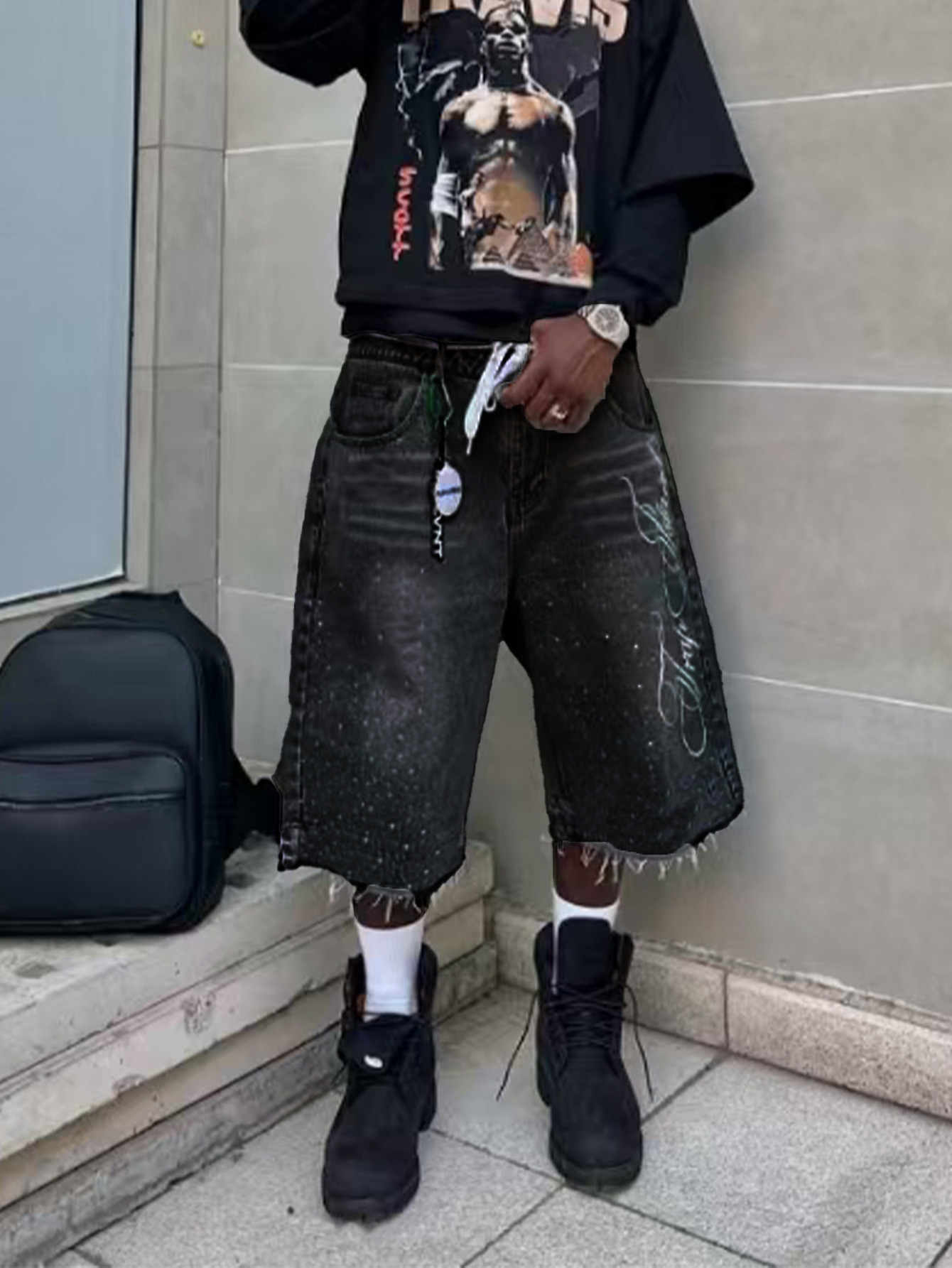 Men's Shorts Streetwear Couple Vintage Rhinestone Sequined Denim Cowboy Hip Hop Loose Sport Casual Mertra Embroidered Streetwear Hip-hop Youth Fo