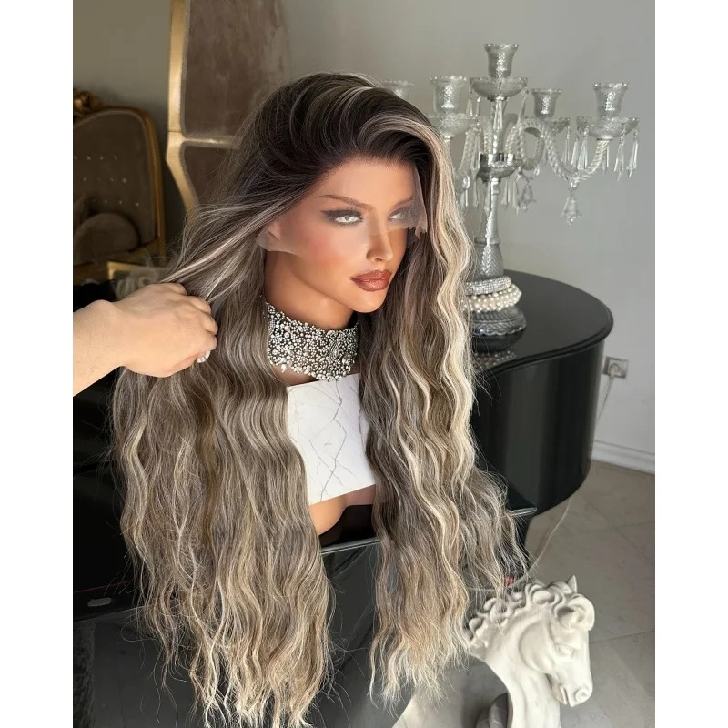 Dark Root Ash Brown Blonde Highlights Loose Wave Lace Front Wigs Pre Plucked 13X4 13X6 HD Frontal Wigs Brazilian Hair Glueless Wigs Human Hair Wear And Go For Women