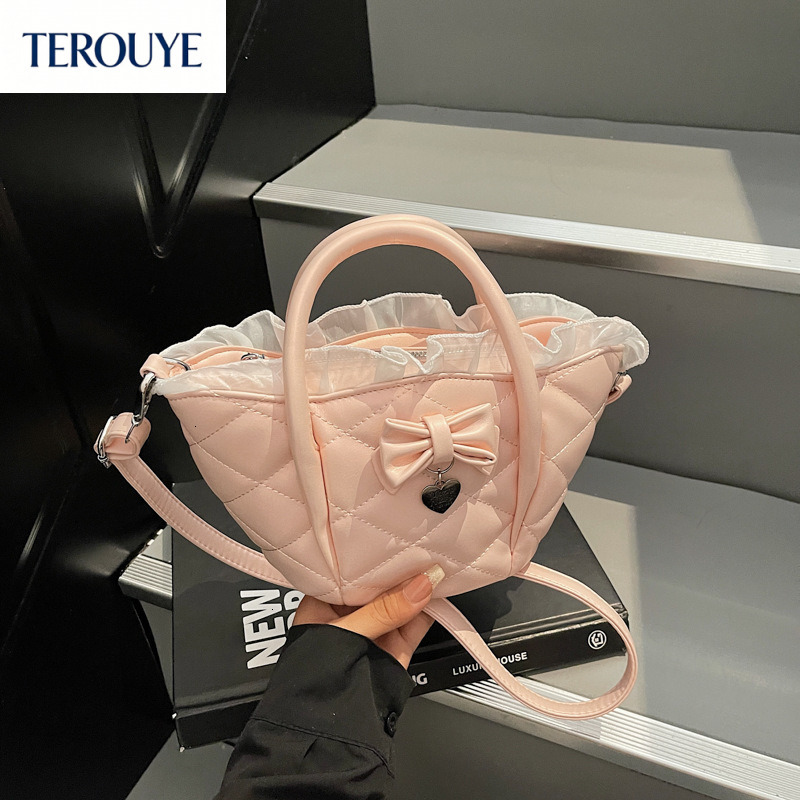TEROUYE Korean style niche quilted design women s handbag autumn and winter new cute and sweet Y K style shoulder bag bow style Luxury bag