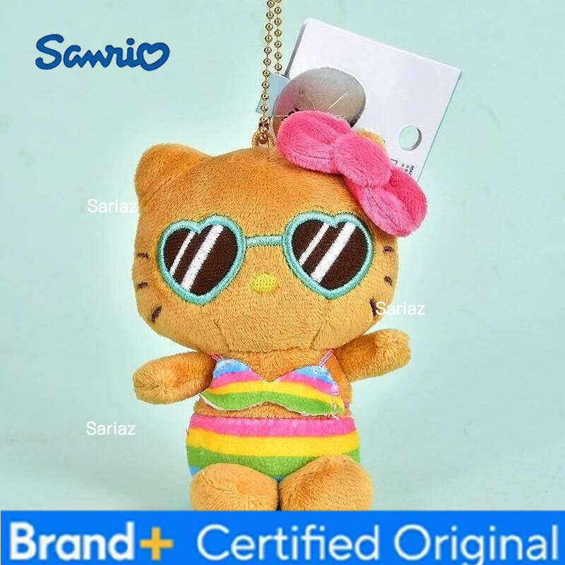 Sanrio Island Vacation Series Cute Black Skin Hello Kitty Doll Keychain DIY Bag Plush Pendant Key Ring Decorative Gift H260121