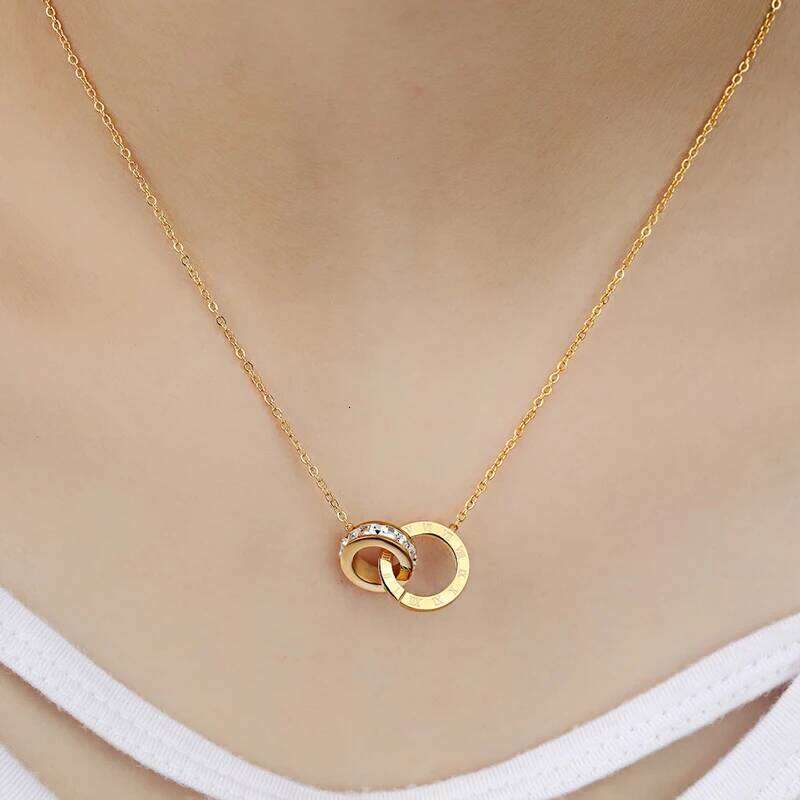 New A Circle Crystal Roman Numerals Double Buckle Pendant Woman Female Titanium Steel Gold Color Clavicle Necklace Jewelry