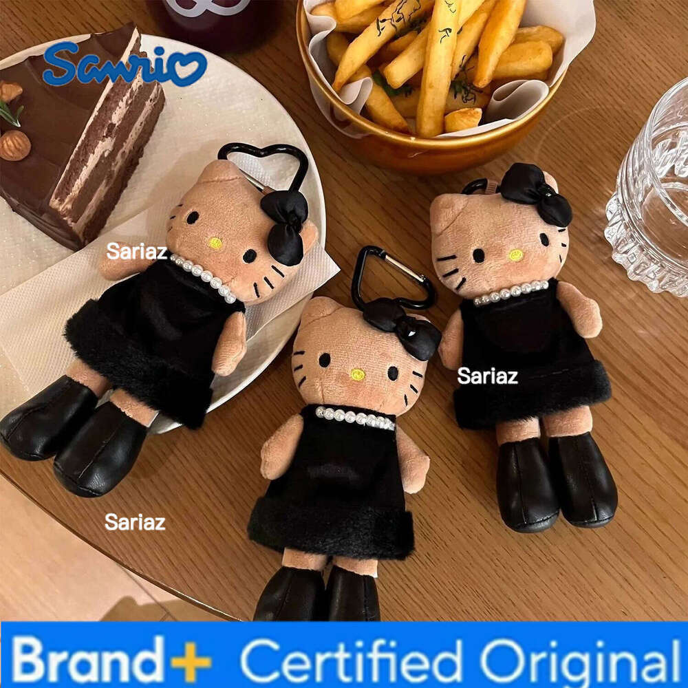 Sanrio Hello Kitty Kawaii Leopard Print Black Skin Love Button Long Legged Cat Plush Chaining Key Chain A Birthday Gift for Girls H260121