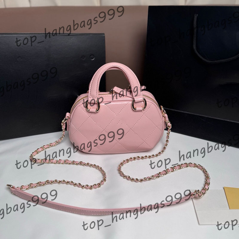 25N Designer Ladies Mini Bowling Bag Luxury Handle Handbag Diamond Lattice Shiny Leather Handbag Gold Hardware Metal Chain Shoulder Crossbody Makeup Purse 19x12cm