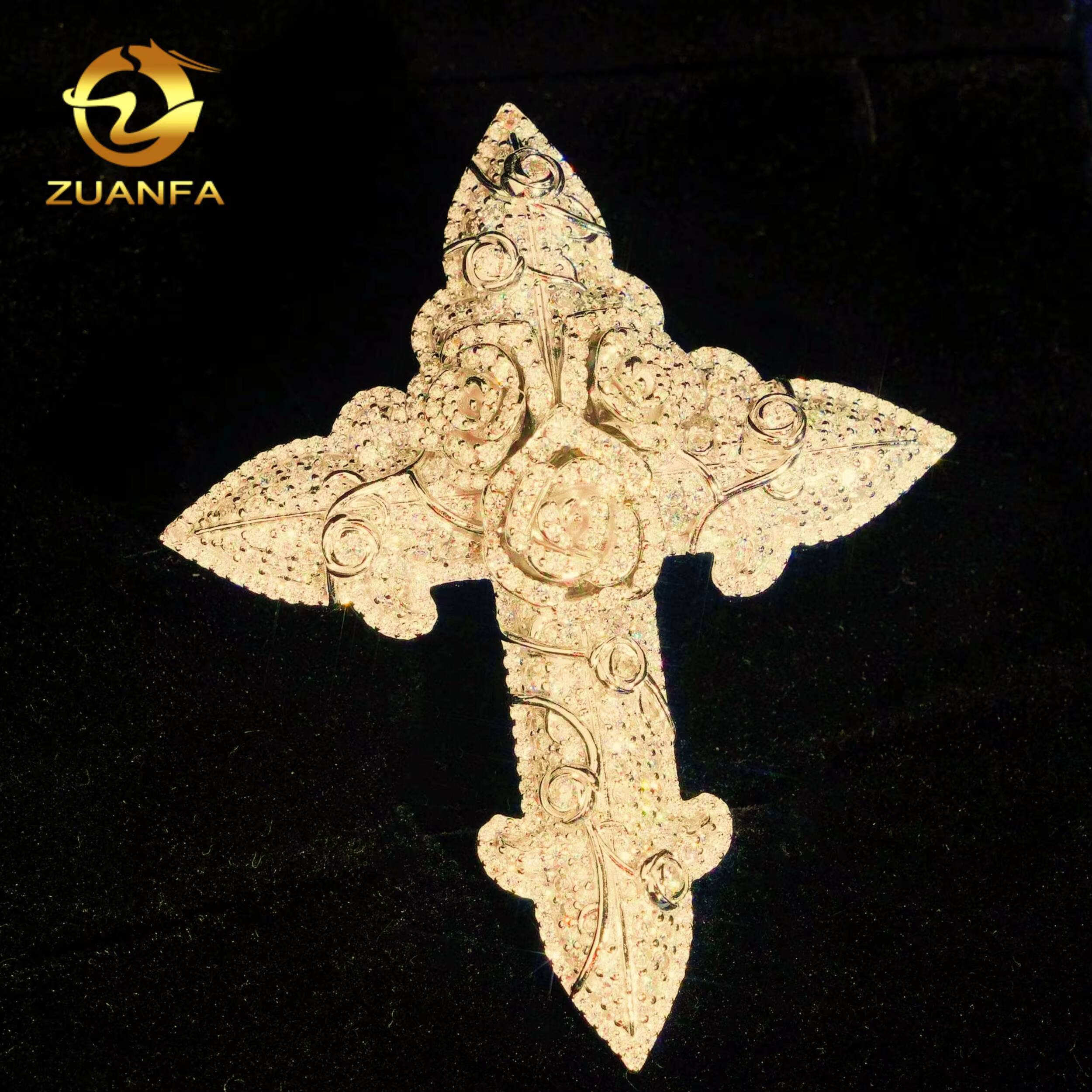 Fine Jewelry Factory Exquisite 3D Rose Big Cross Pendant Moissanite Pendant Men Iced Out Jewelry Custom Hip Hop Pendant