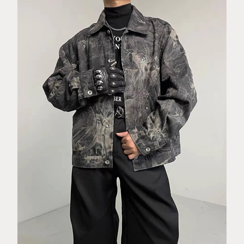 Retro tie-dye washed denim jacket - relaxed, deconstructed, fashionable, high street style workwear jacket Z251023