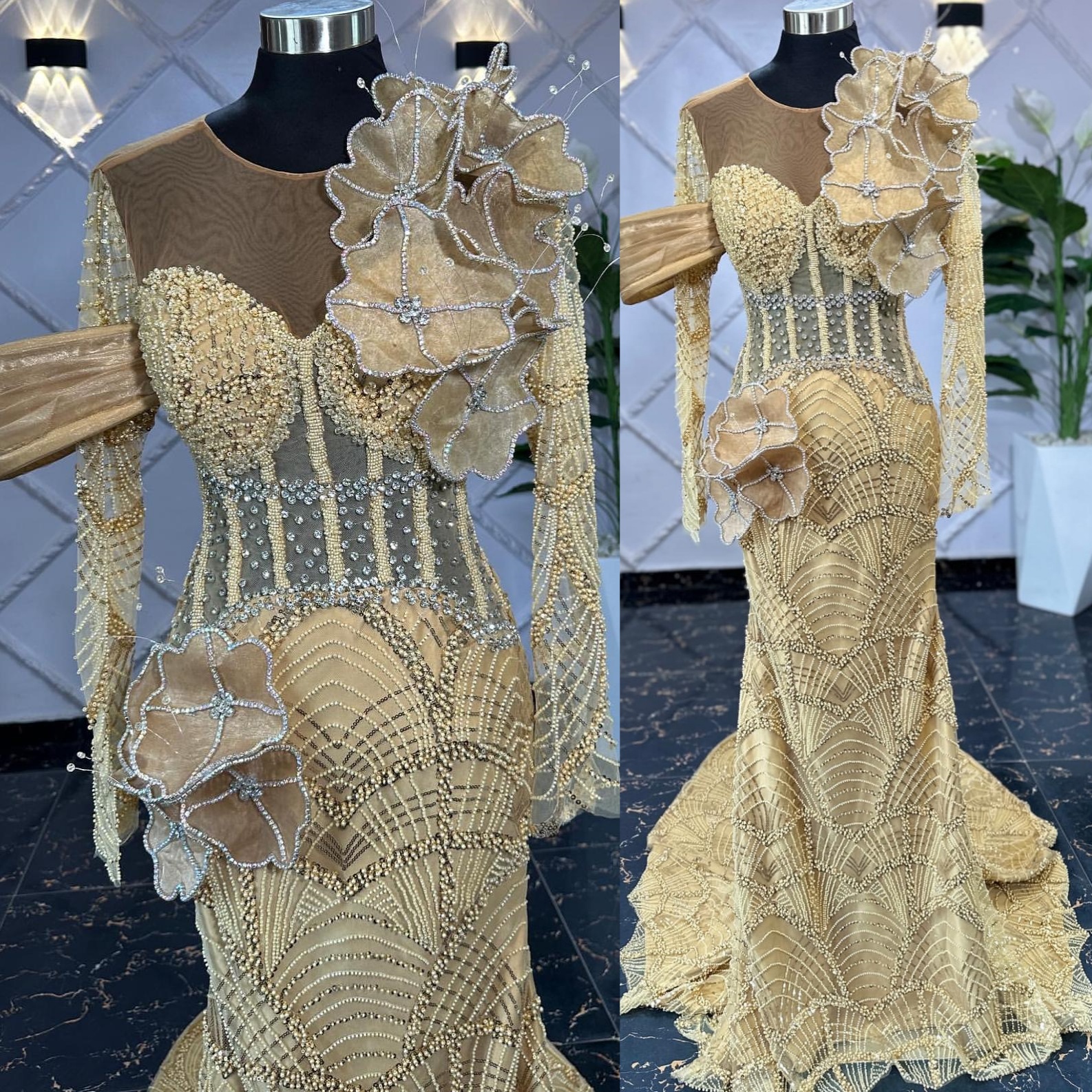 Aso Ebi Champagne Mermaid Prom Dresses 2026 Flowers Beaded Crystals Illusion Evening Formal Party Second Birthday Engagement Gowns Dress For Special O