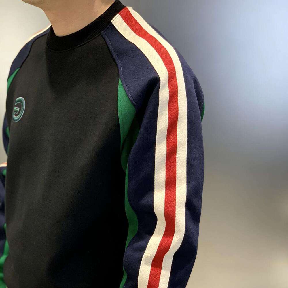 Striped Men's Color-Block Patchwork Warm Round Neck Trendy Sweatshirt Fashion Versatile Light Luxury Autumn Winter Fleece Lined Long Sleeve Thick