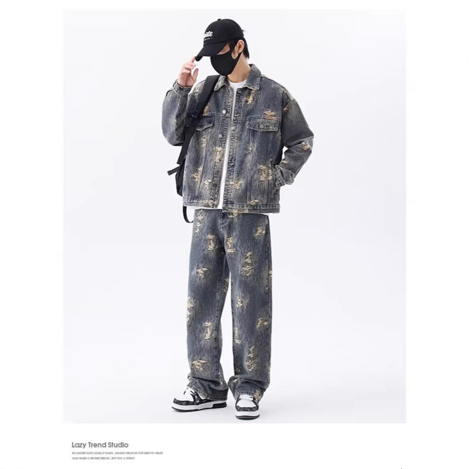 Autumn Winter New Jacquard Denim Jacket Set for Men American Style Trendy Brand Handsome High-end Loose Casual Long Pants 240428