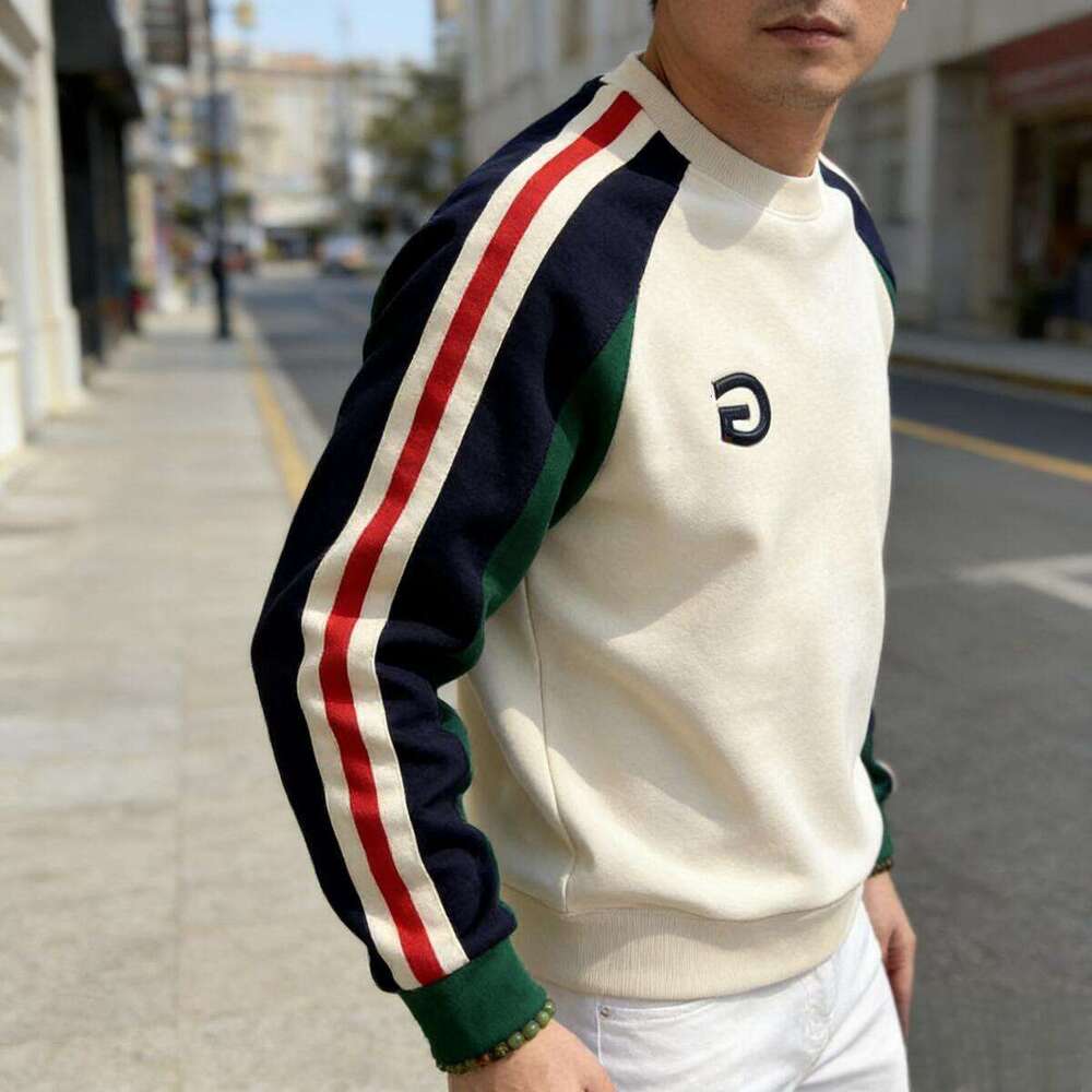 Striped Men's Color-Block Patchwork Warm Round Neck Trendy Sweatshirt Fashion Versatile Light Luxury Autumn Winter Fleece Lined Long Sleeve Thick