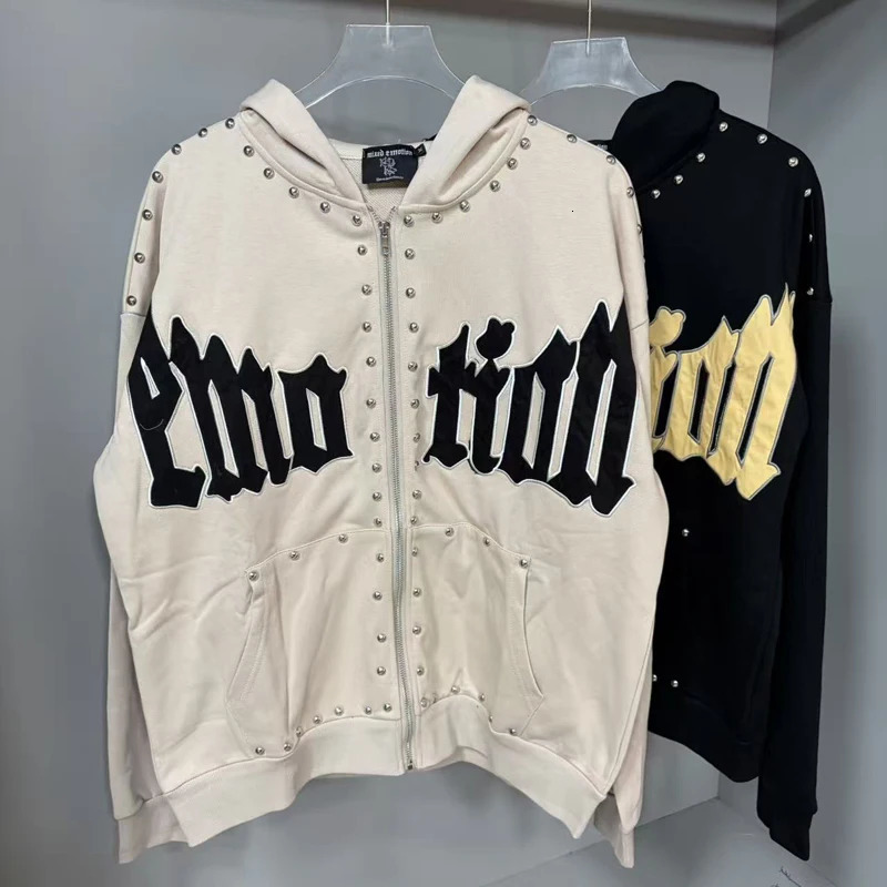 Mens Clothing MIXED EMOTION Hoodie Autumn Winter High Quality Letter Print Diamond Cardigan Red Hooded Sweatshirt Tops 260120