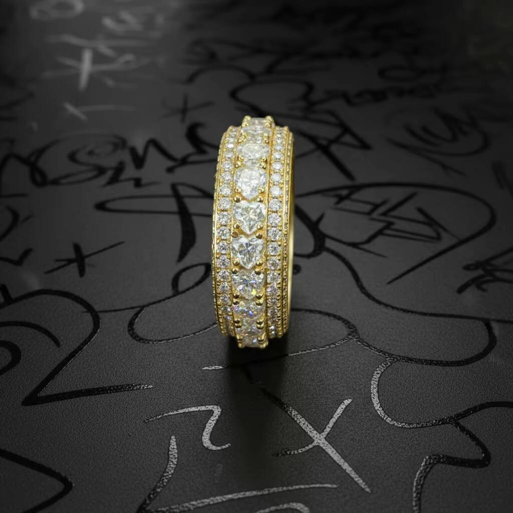 Heart Moissanite D Color Iced Out 18K Gold Plated 925 Silver VVS GRA 5 Rows Rapper Dazzling Sparkly Eternity Band Ring for Men