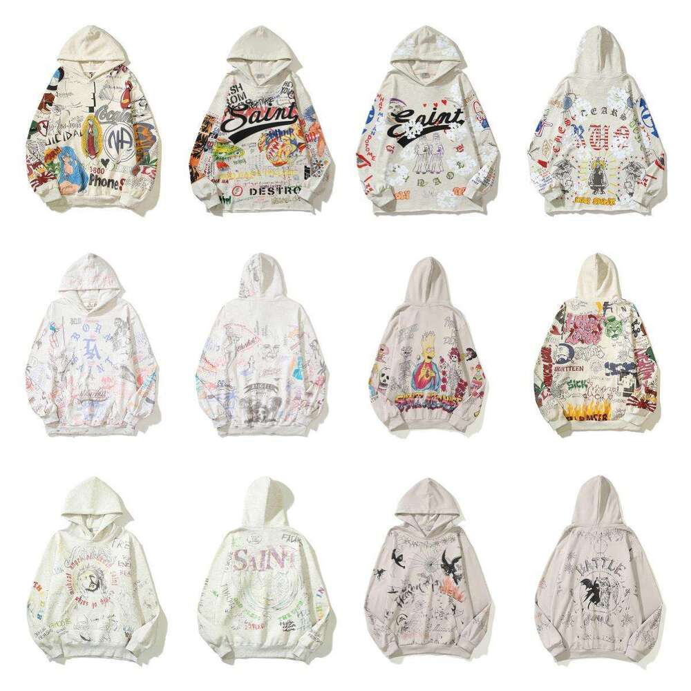American High Street Saint Michael New Cursive Letter Graffiti Distressed Hoodie Couple Trend