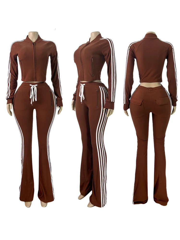 Fall Women Clothing Set Tracksuit Women Velvet Casual Tracksuit Striped Long Sleeve Zipper Crop Top and Flare Pants 260121