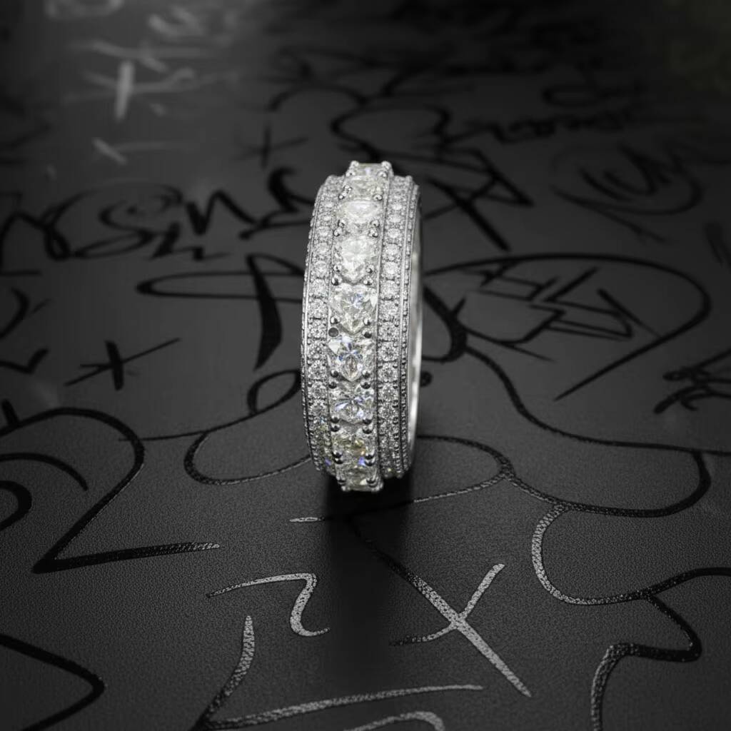 Heart Moissanite D Color Iced Out 18K Gold Plated 925 Silver VVS GRA 5 Rows Rapper Dazzling Sparkly Eternity Band Ring for Men
