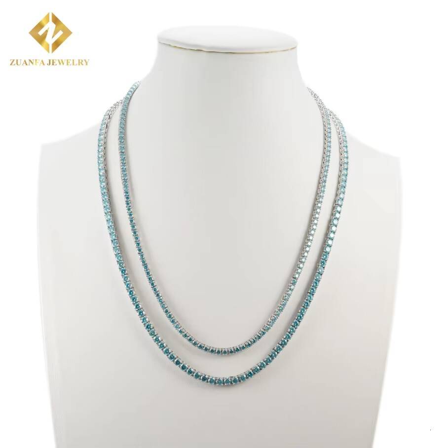 Hip Hop Jewelry New Colored Iced Out Vvs Moissanite 3mm 4mm Tennis Chain Blue Diamonds 925 Sterling Silver