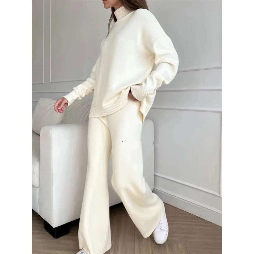 2026 autumn/winter two-piece women's knitted sportswear high neck sweater and straight leg pants set