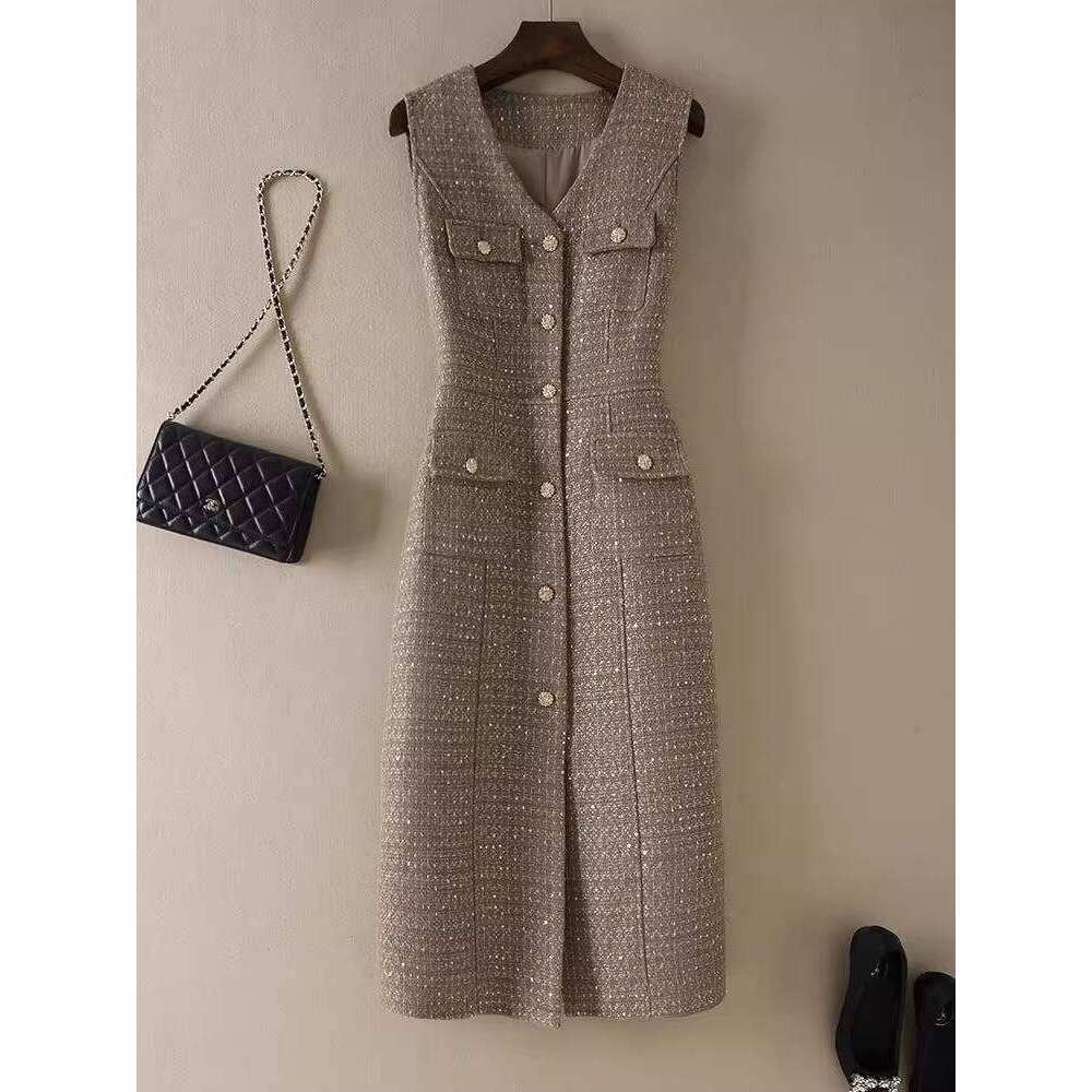 Retro Tweed with V-Neck High-End Feel Thick Tweed Slim Fit Sleeveless Autumn and Winter Skirt Vest Dress