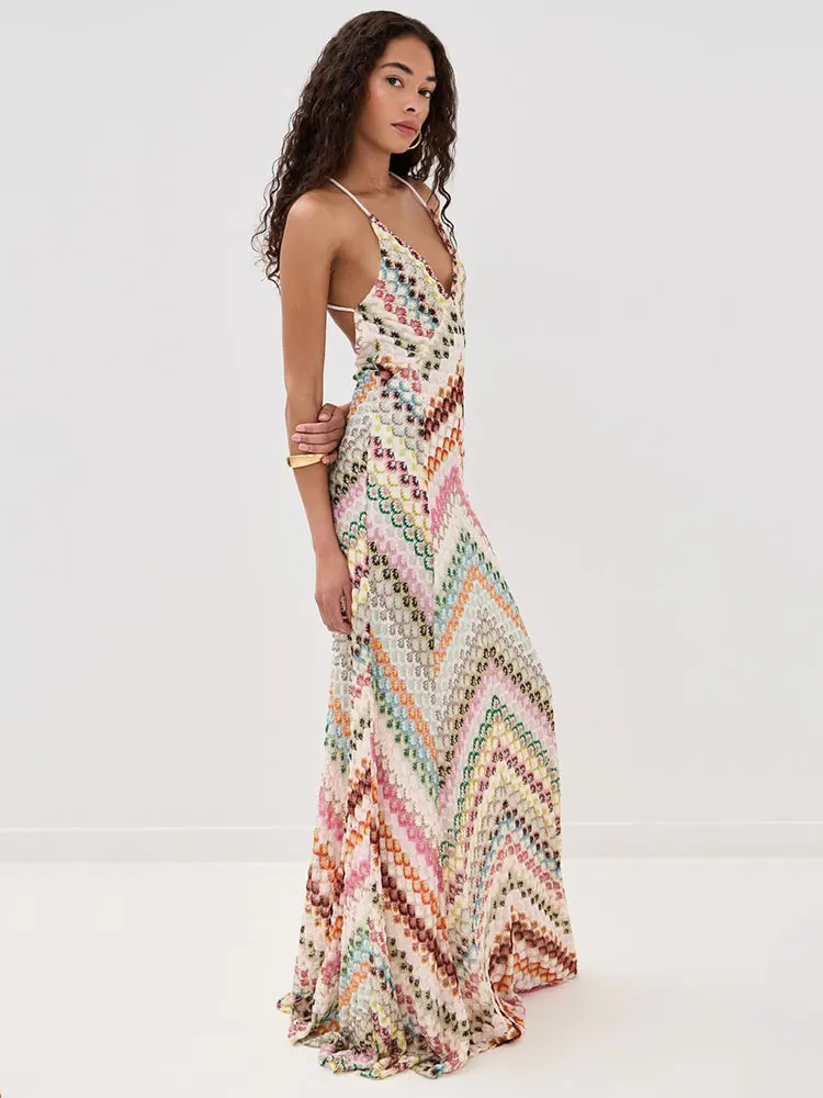 GACVGA Sexy Crochet V Neck Halter Maxi Dress Women Summer Fashion Sleeveless Backless Slim Knitted Long Dress 260120