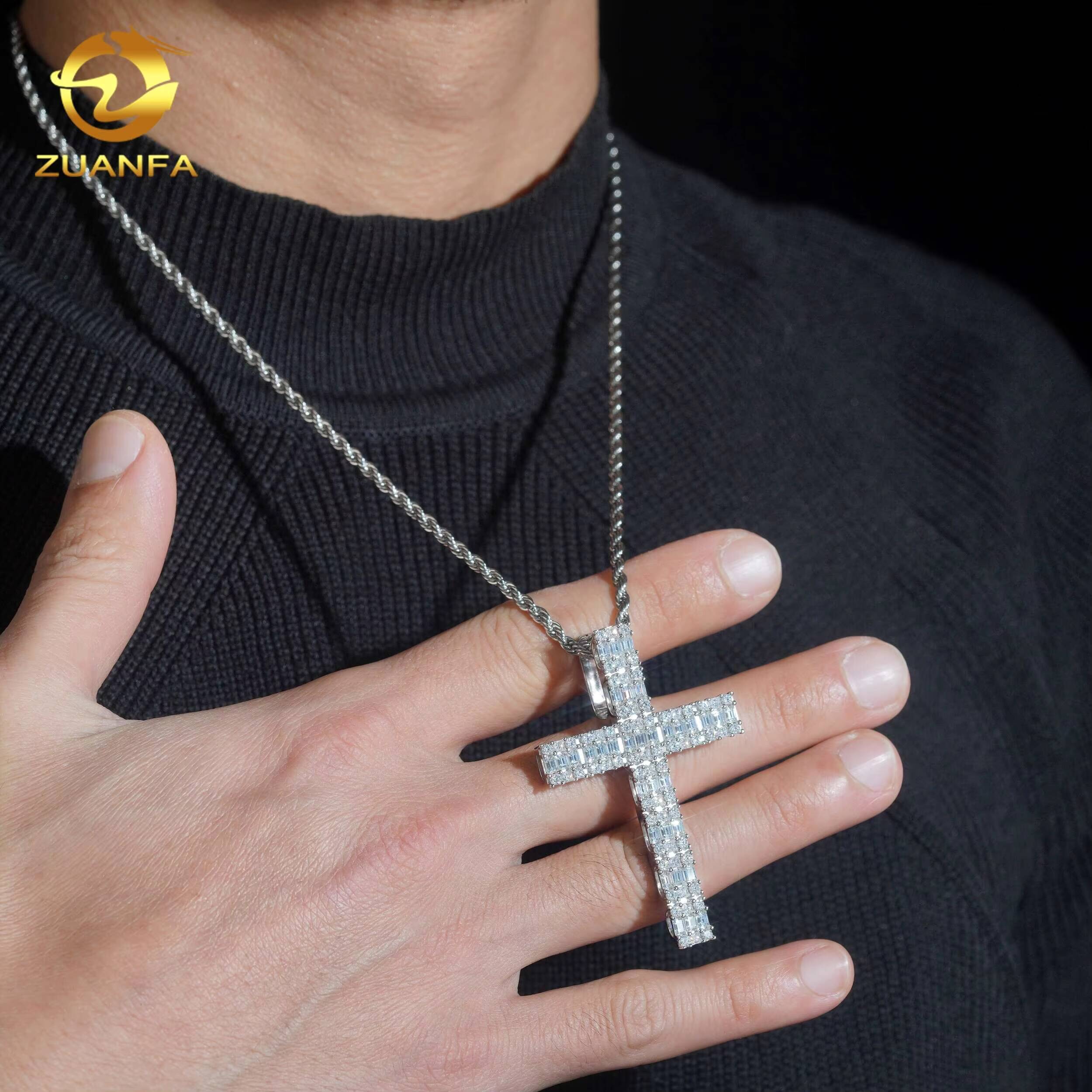 Pass Diamond Tester Fine Hip Hop Moissanite Jewelry Pendant 925 Silver Baguette Diamond Iced Out VVS Moissanite Cross Pendant