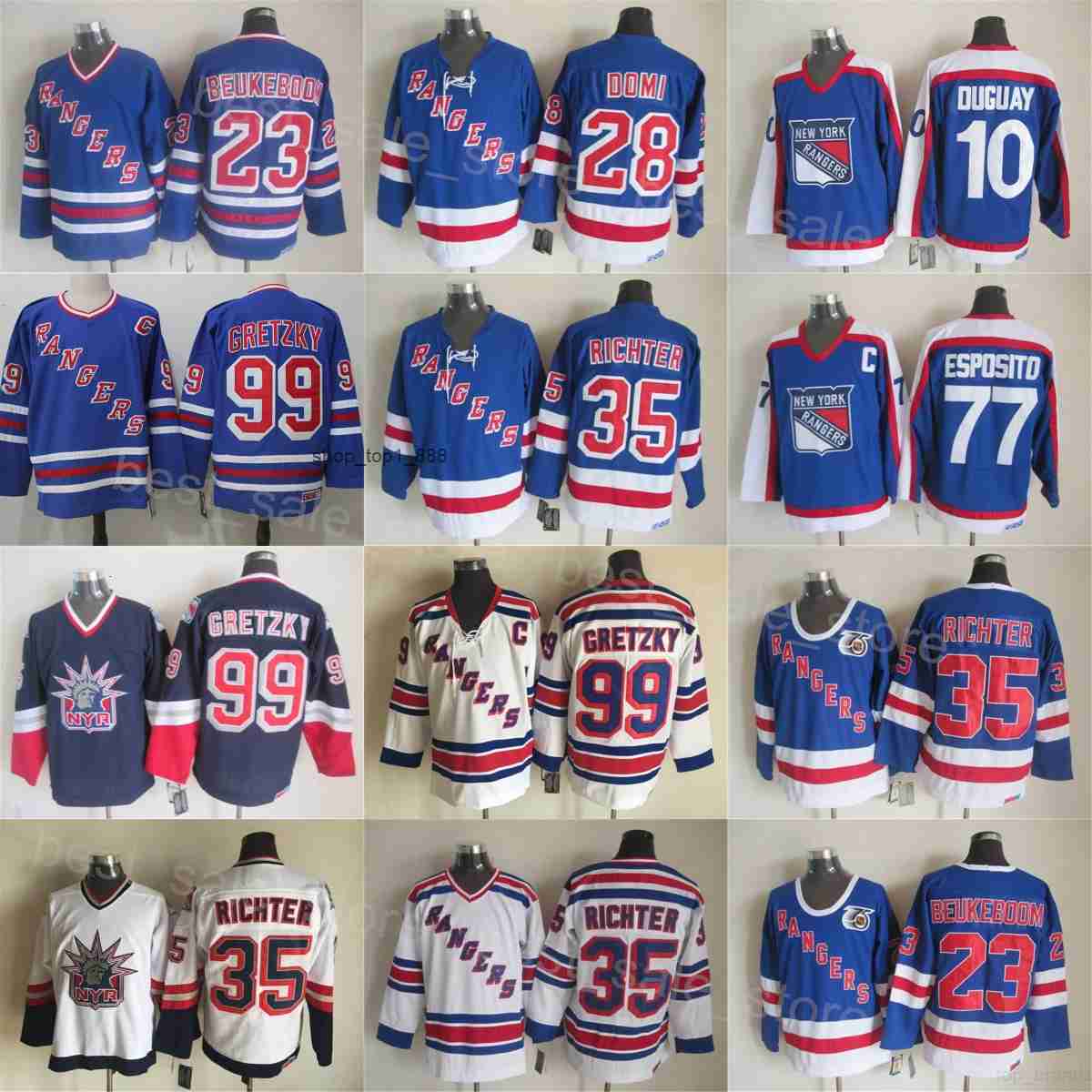Vintage New York Hockey 35 Mike Richter Jerseys 99 Wayne Gretzky 10 Ron Duguay 23 Jeff Beukeboom 28 Tie Domi 18 Walt Tkaczuk 77 Phil Esposito 75th Anniversary Retro