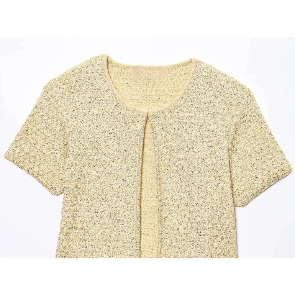 MYST&ZA2025 Summer New Product Temperament Elegant Jacket + Sequin Knitted Suspender Top Set