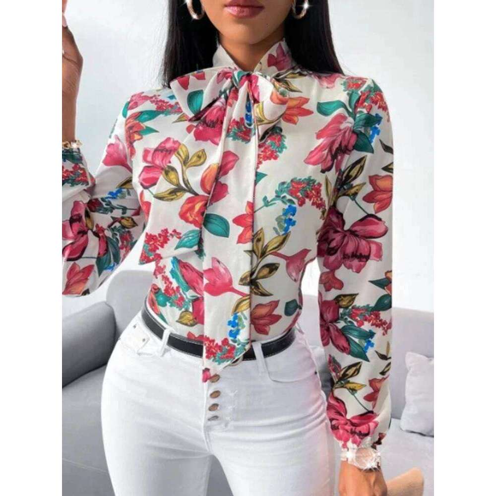Work Clothes Floral Print Bow Tie Shirt Fashion Office Dress up Women's Business Casual Clothing