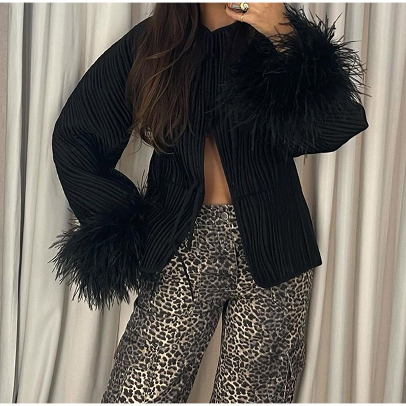 Chic Solid Spliced Feather Cuffs Lace Up Cotton Coat Women Fashion O Neck Long Sleeves Quilted Jacket Lady Loose Streetwear 240918