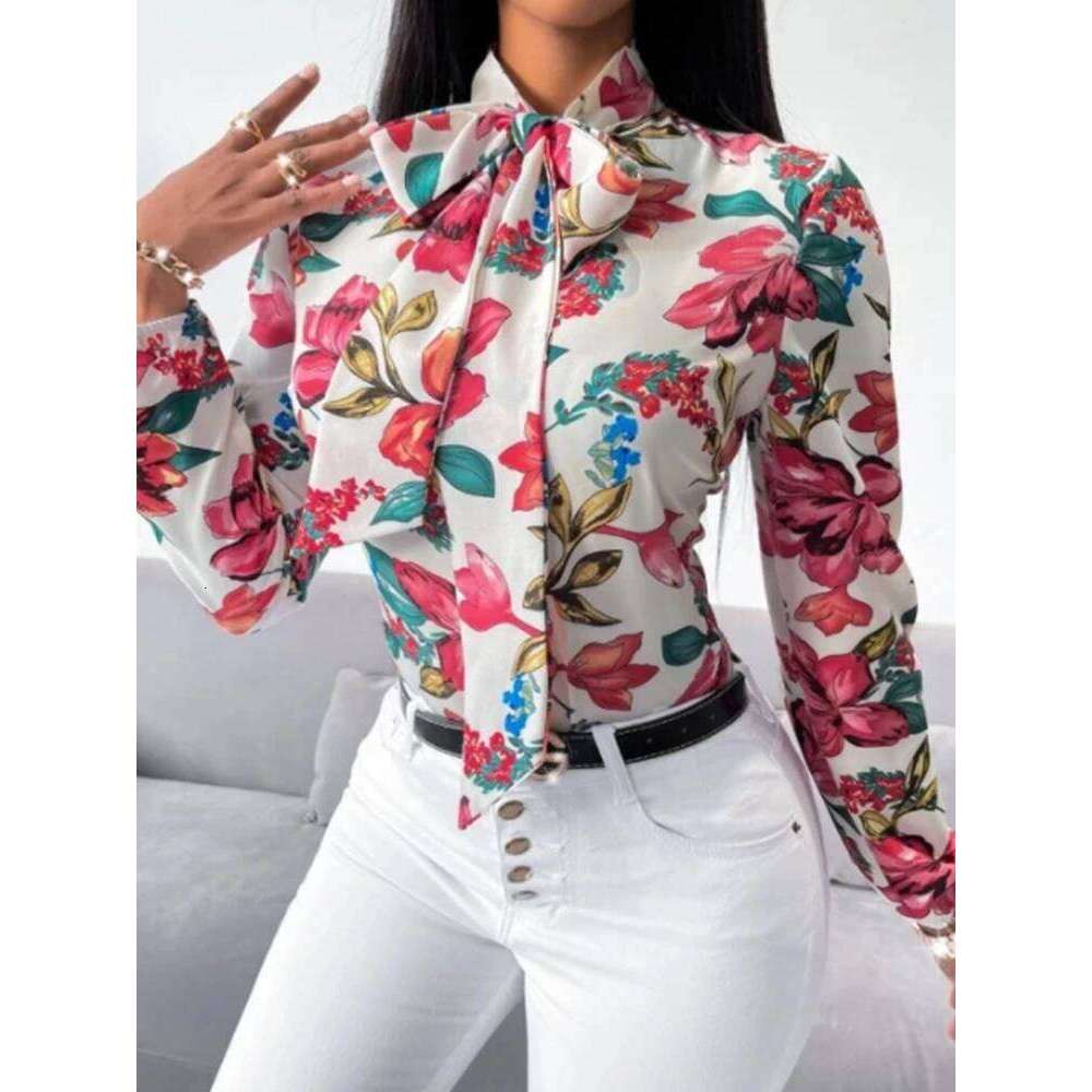 Work Clothes Floral Print Bow Tie Shirt Fashion Office Dress up Women's Business Casual Clothing