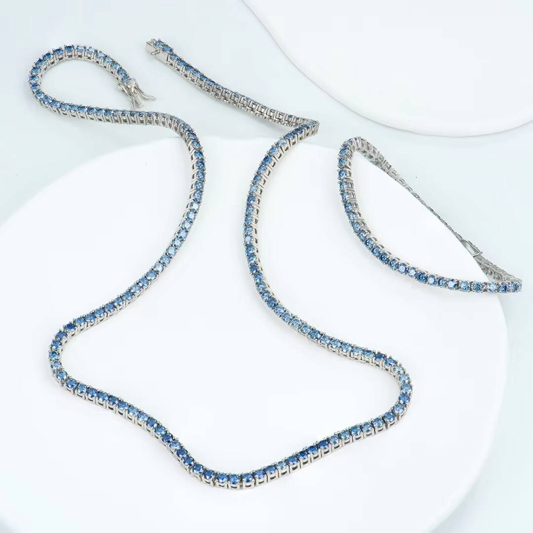 3-6mm 5mm White Gold Plated S925 Sterling Silver Royal Blue Gra Vvs Lab Grown Diamond Mossanite Moissanite Tennis Chain Necklace