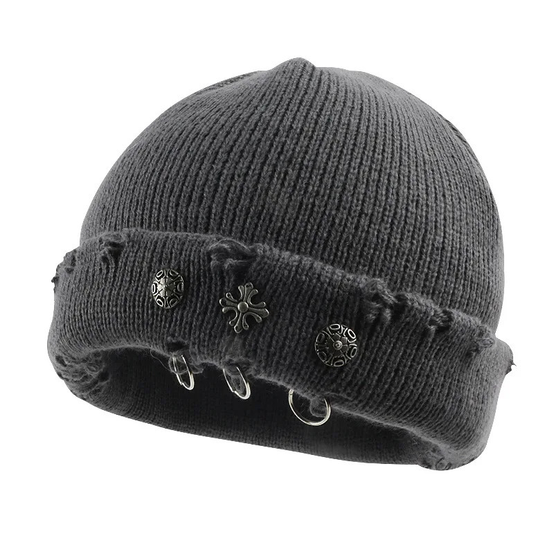Street hip-hop retro cross ring perforated woolen hat for women yuppie knitted melon skin hat cold hat for men 260119