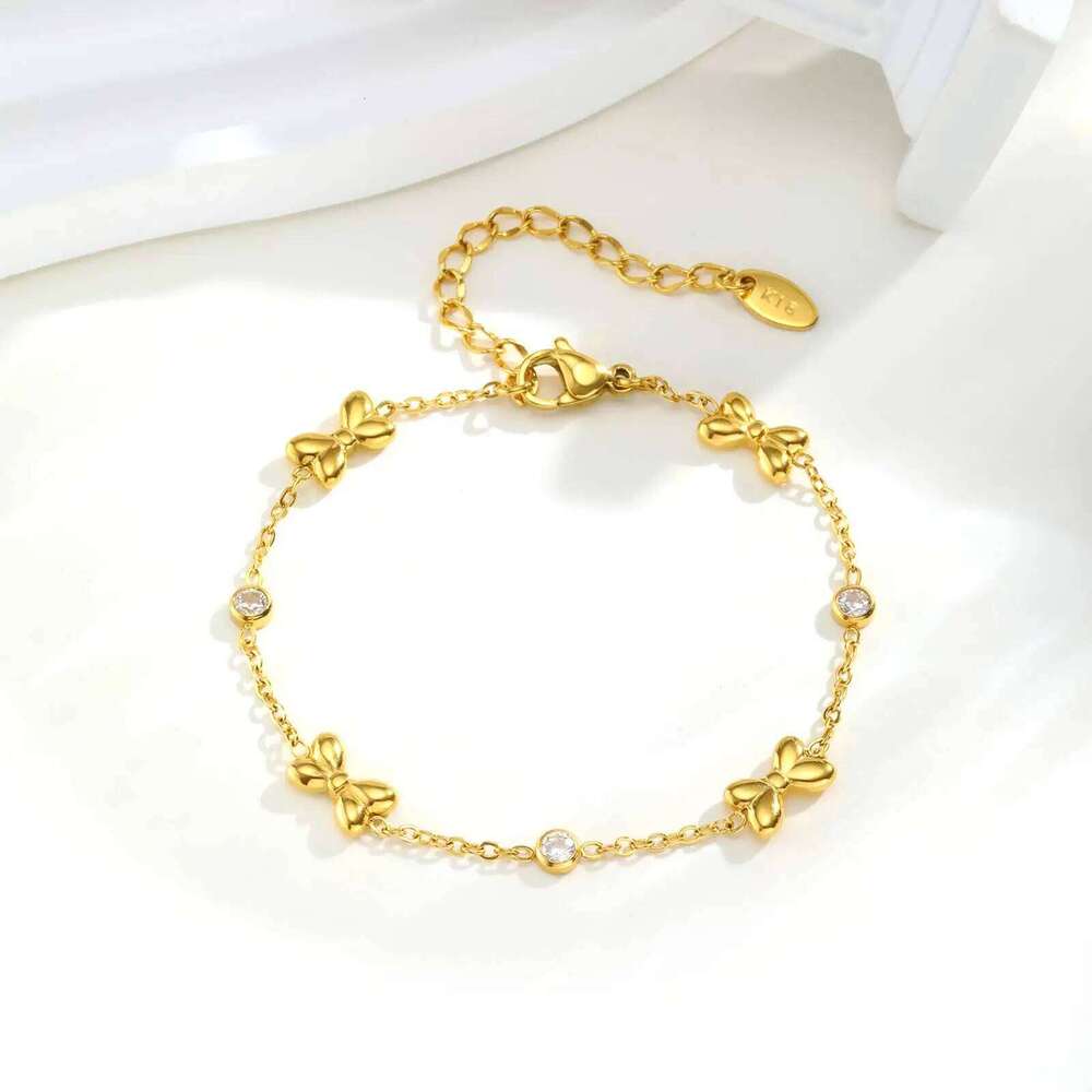 Exquisite Zircon Bowknot Stainless Steel Bracelet 18K Gold Plated Wrist Chain Fashion Party Waterproof Jewelry for Women Girl 26H0121