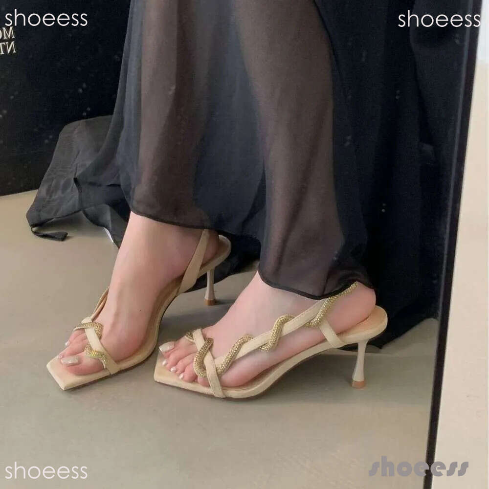 2026 New Style Designer Shoe One-Strap High Heels Elegant Rhinestone Snake-Shaped Open-Toe for Women Thin Heel Sandals