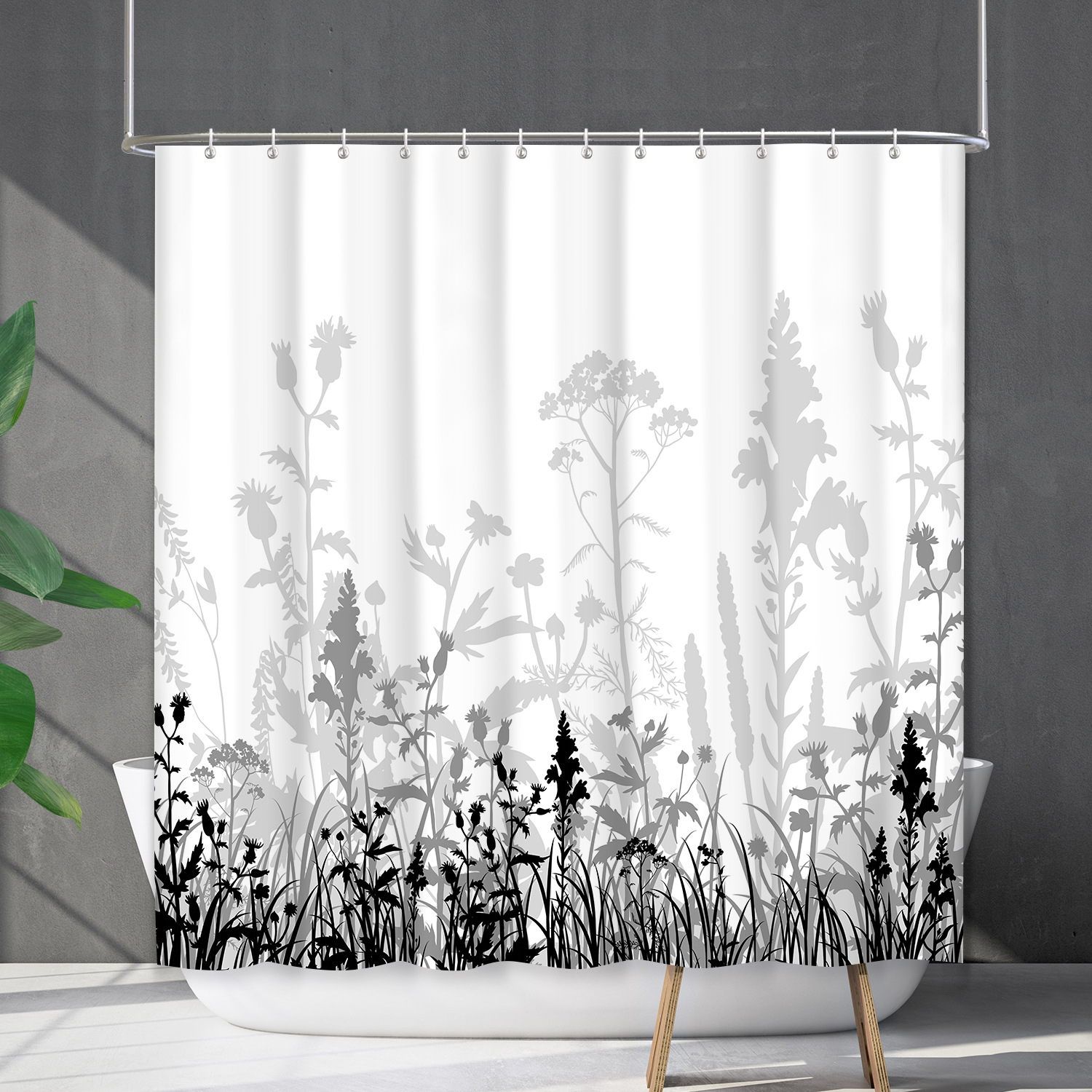 YL-38204 Waterproof Shower Curtain Set with Floral and Plant Designs, Shower Covering Curtain, No Drill Required