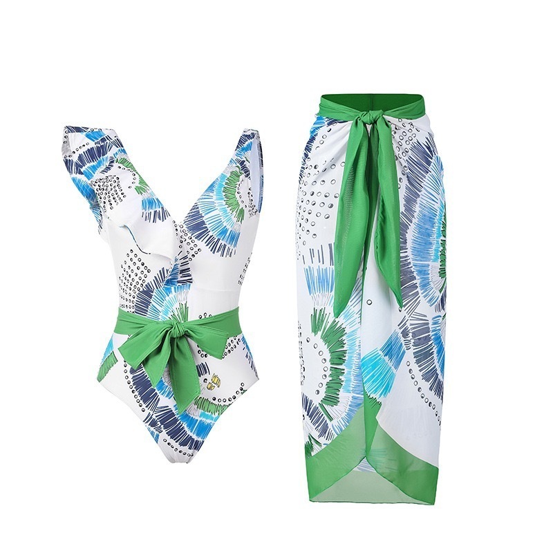 Suits Sexy Print Swimwear Ruffles Dot Swimsuit Bodysuit Patchwork Monokini Bathing Suit Pad Female Set 230614