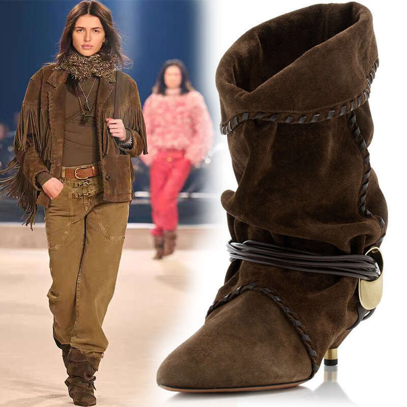 European and American New Style Pointed Toe Metal Cat Lace-Up Ruched Slouchy Short with Cuffed Slip-On Design, Large Size, Versatile High Heel Boots