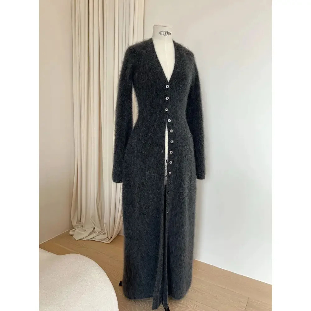 French Retro V-neck Knitted Cardigan Autumn and Winter High-end Soft Waxy Knee Medium and Long Sweater Jacket Womens Trend 260120