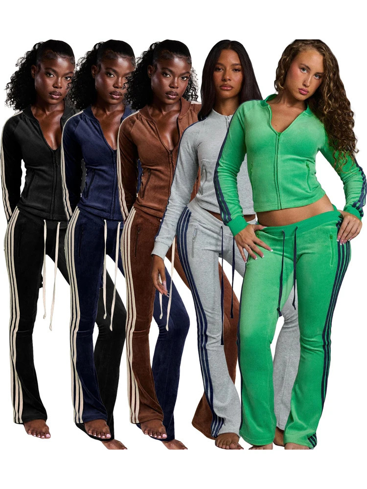 Fall Women Clothing Set Tracksuit Women Velvet Casual Tracksuit Striped Long Sleeve Zipper Crop Top and Flare Pants 260121