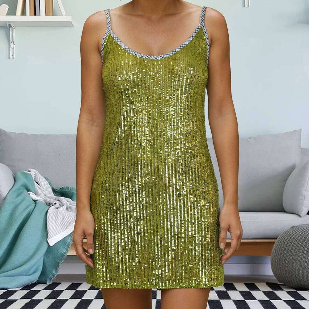 Women Y2K Spaghetti Strap Shiny Sequin Mini Dress Glitter Scoop Neck Sleeveless Open Back Cocktail Party
