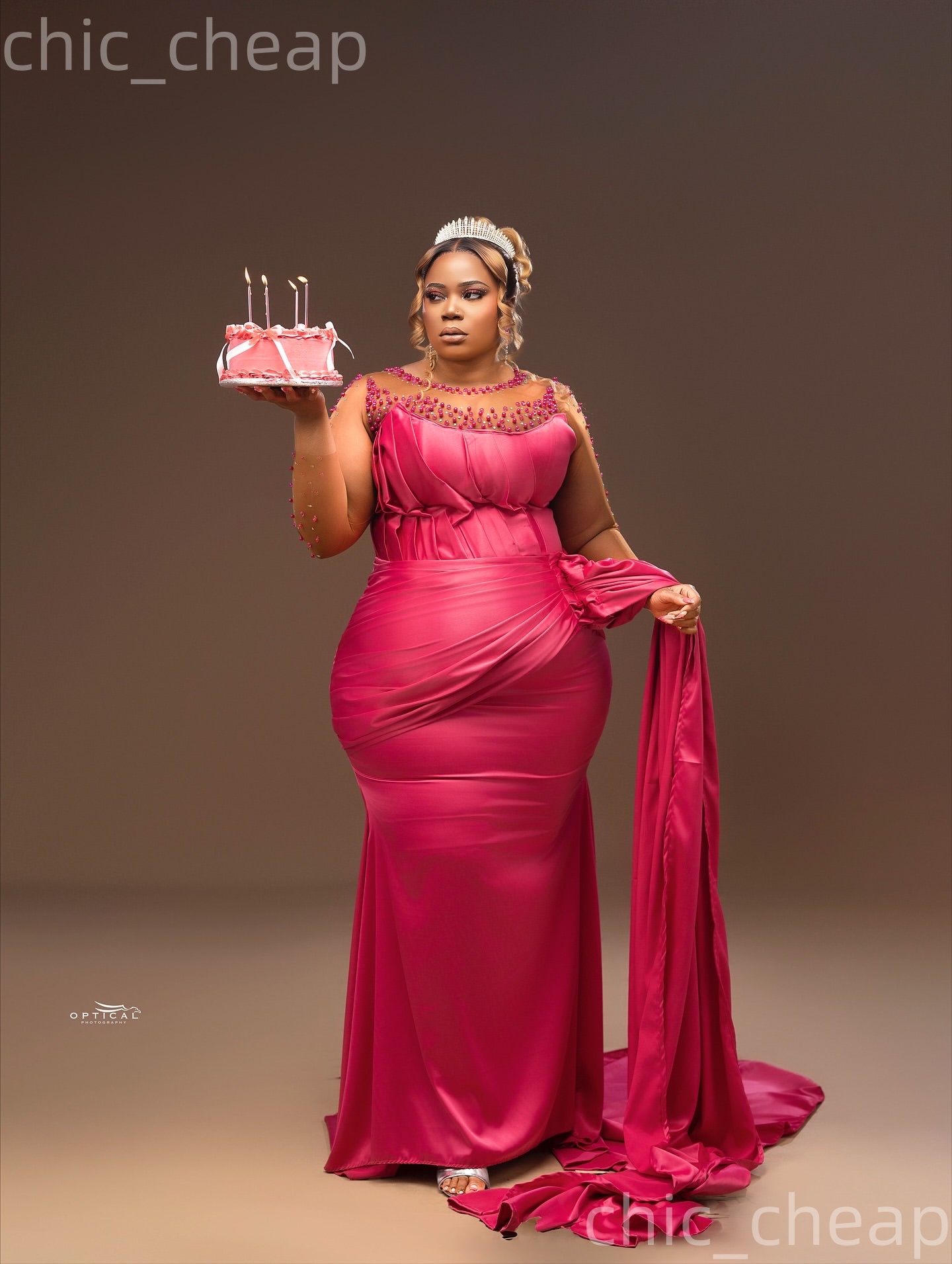 Fuchsia Mermaid Plus Size Prom Dresses 2025 Sheer Neck Pearls Crystals Satin Evening Formal Party Second Birthday Engagement Gowns Dress For Special O