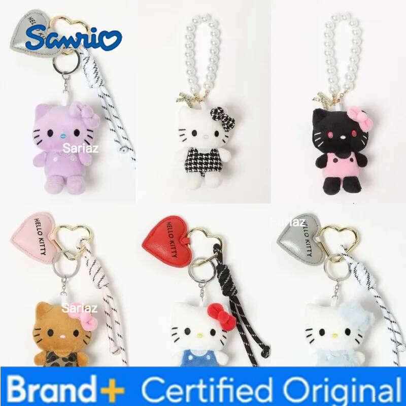 Sanrio Cute Pearl Chain Hello dolls Keychains lady girly kitty cat lovely Heart Stuffed Black Plush Toy Girls Gifts H260121