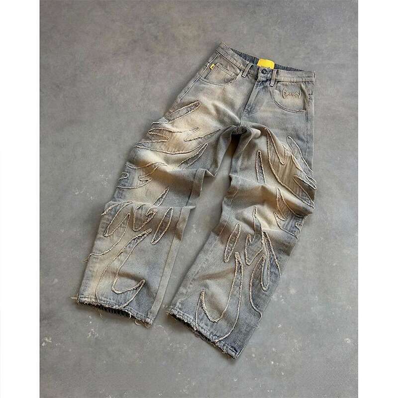 American High-End Streetwear Distressed Vintage Washed Denim Men's Loose Straight-Fitting Stretch Pants H260121