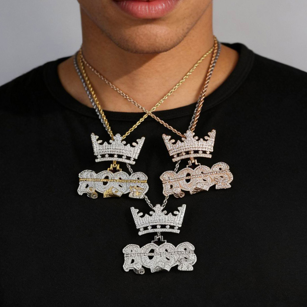 NEW Men Hip Hop Crown Pendant Necklace with Rope Chain Iced Out Bling Necklaces Fashion Charm Jewelry