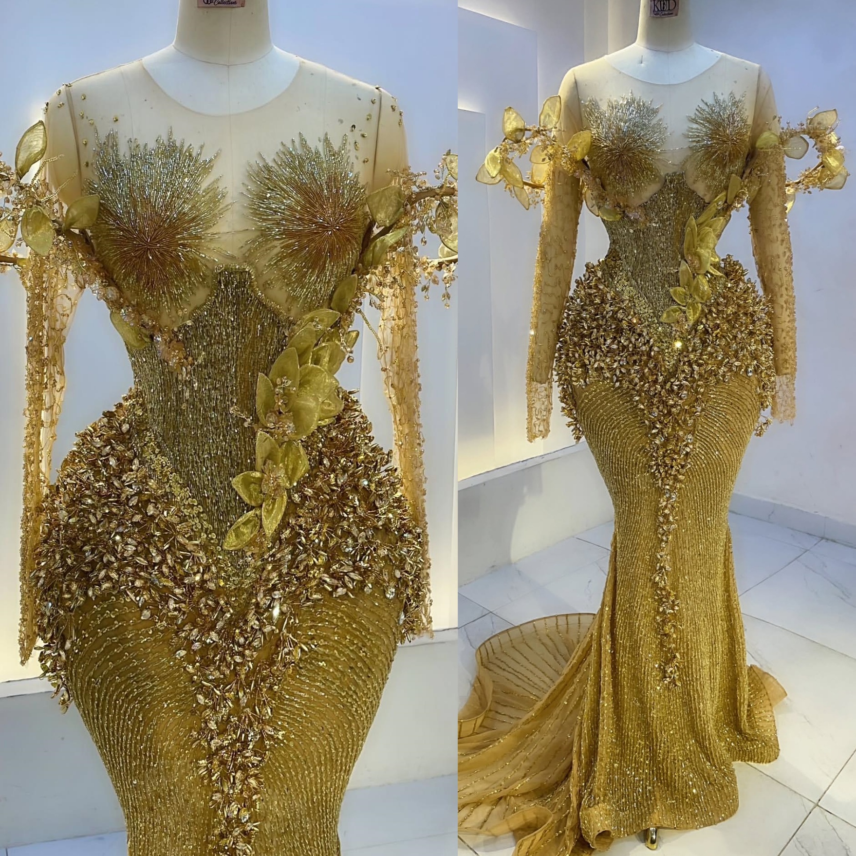 Aso Ebi Nigerian Gold Mermaid Prom Dresses 2026 Florals Crystals Sparkly Evening Formal Party Second Birthday Engagement Gowns Dress For Special Occas