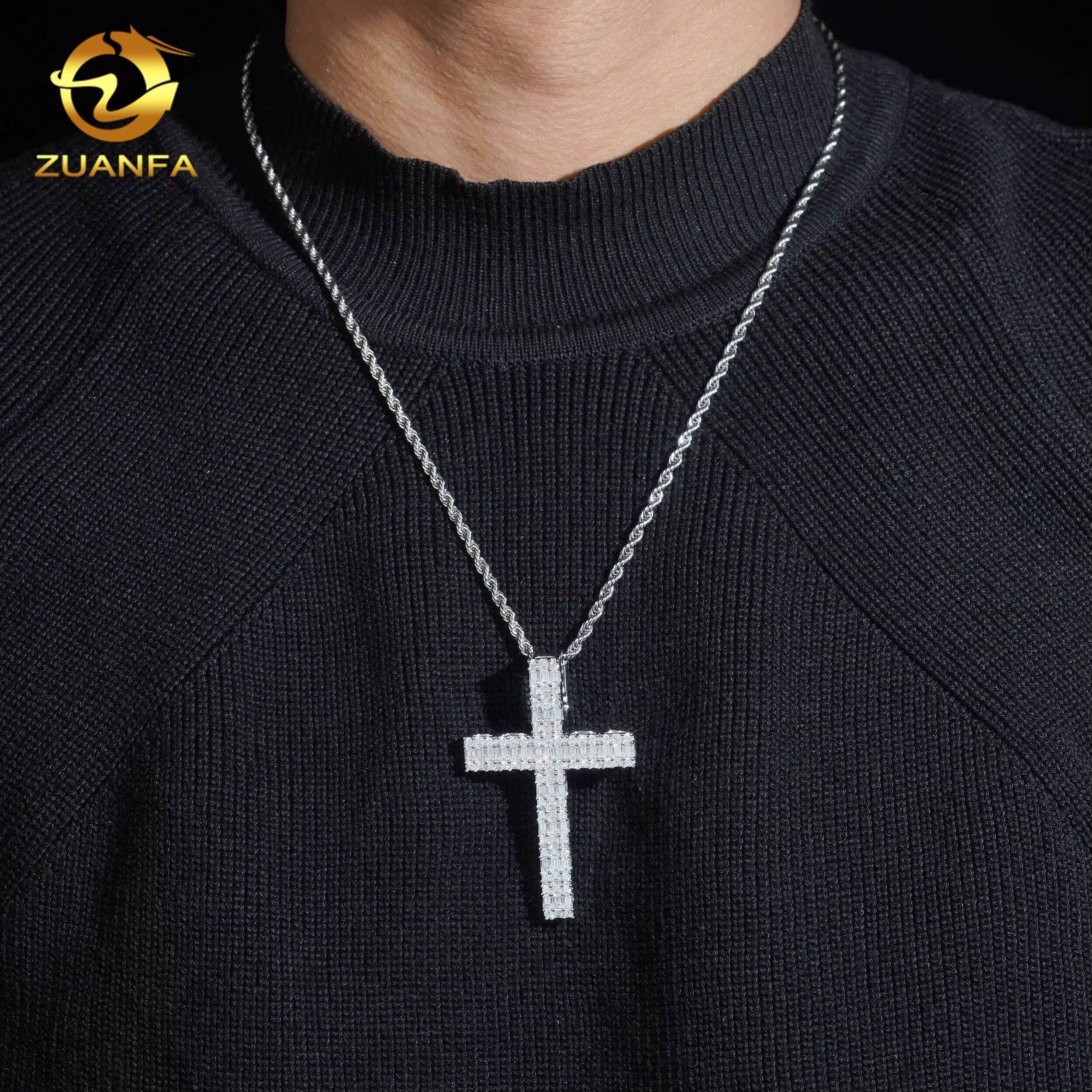 Pass Diamond Tester Fine Hip Hop Moissanite Jewelry Pendant 925 Silver Baguette Diamond Iced Out VVS Moissanite Cross Pendant