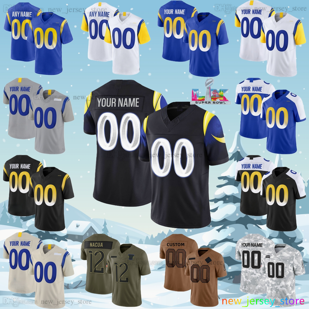 Custom S-6XL 2026 SuperBowl Football Jersey 12 Puka Nacua 17 Davante Adams 9 Matthew Stafford 89 Tyler Higbee 23 Kyren Williams 8 Jared Verse 22 Blake Corum Jerseys