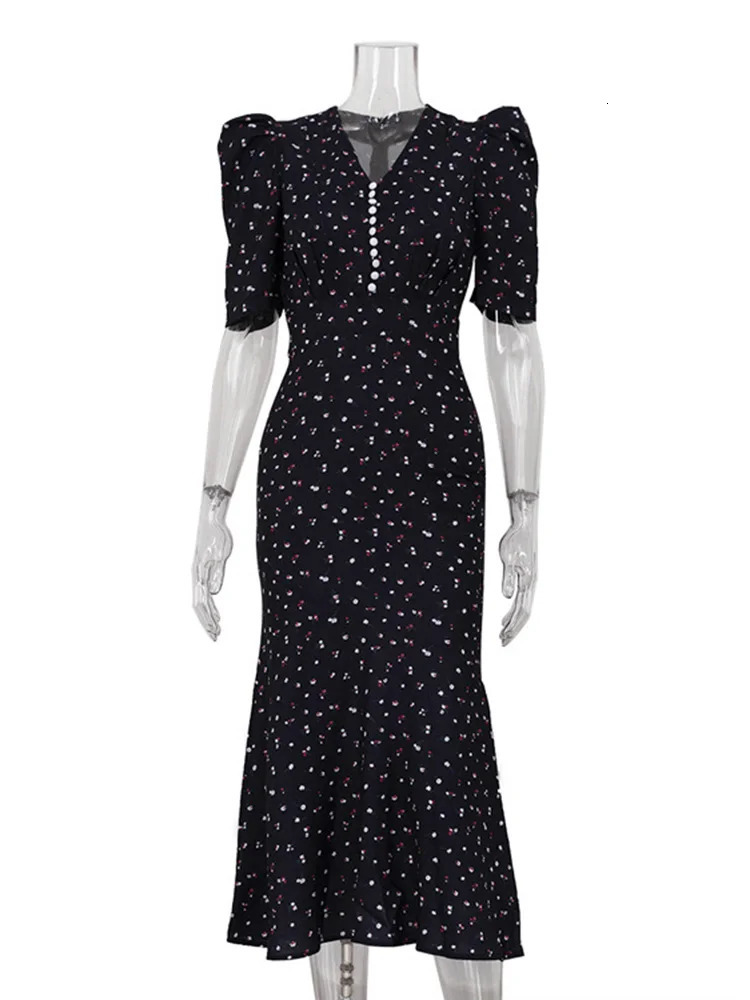 TARUXY Print Puff Sleeve Long Dress For Women Fashion V neck High Waist Commuting Outfits Elegant Lady Fishtail Dress 260120