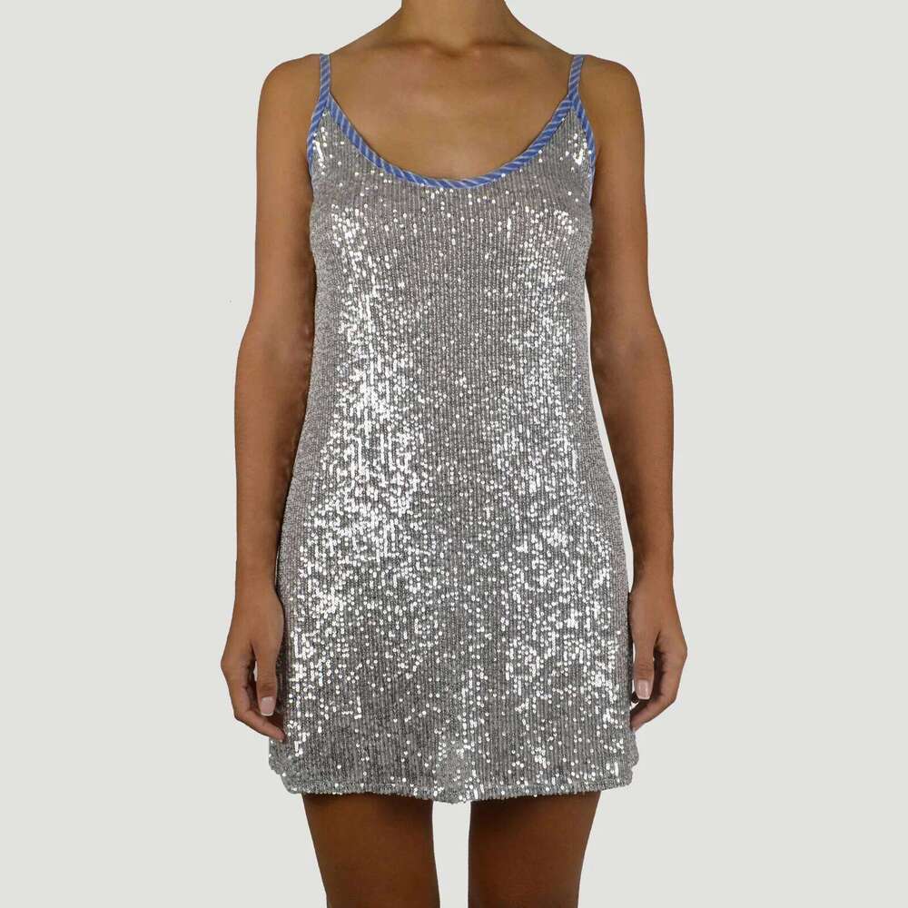 Women Y2K Spaghetti Strap Shiny Sequin Mini Dress Glitter Scoop Neck Sleeveless Open Back Cocktail Party