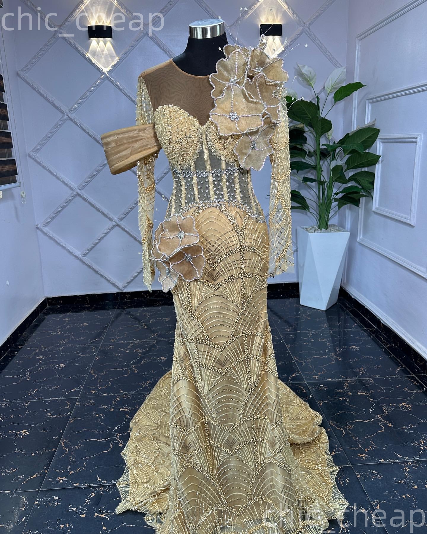 Aso Ebi Champagne Mermaid Prom Dresses 2026 Flowers Beaded Crystals Illusion Evening Formal Party Second Birthday Engagement Gowns Dress For Special O